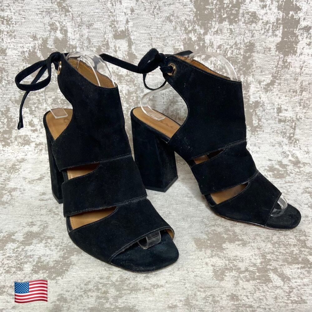 Coach Minetta Suede Tie Back Block Heeled Sandals in Black
